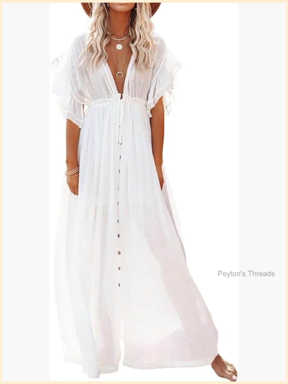 Boho Casual Summer Maxi Dress V Neck Ruffle Sleeve Button Front Drawstring